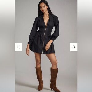 Anthropologie Tommie Long-Sleeve Smocked Front-Zip Mini Shirt Dress